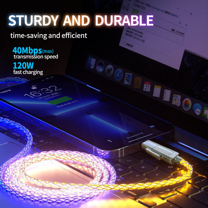 Mokongfu 120W 4-in-1 LED Charging Cable – 120W Fast Charge, USB-A/C, EVA Case Included(Braided Colorful light)