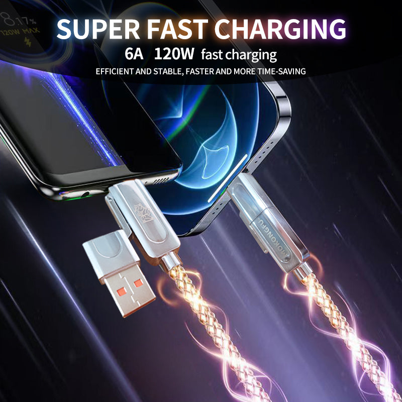 Mokongfu 120W 4-in-1 LED Charging Cable – 120W Fast Charge, USB-A/C, EVA Case Included(Braided Colorful light)