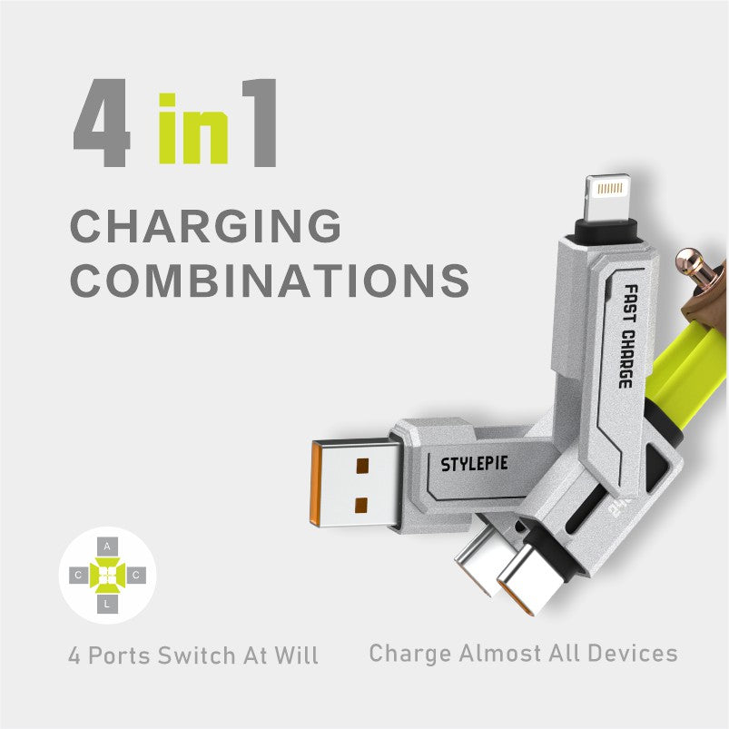 STYLEPIE 240W 4-in-1 Keychain Charging Cable – USB-C, Lightning, Fast Charge & Sync, Zinc Alloy, Travel-Ready