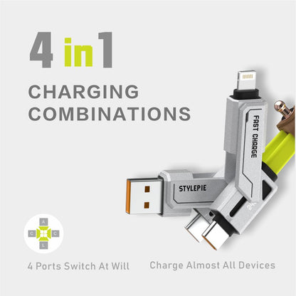 STYLEPIE 240W 4-in-1 Keychain Charging Cable – USB-C, Lightning, Fast Charge & Sync, Zinc Alloy, Travel-Ready