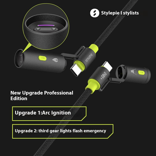 STYLEPIE 240W 4-in-1 USB-C Survival Charging Cable – Fast Charge + Arc Igniter + LED Light – Nylon Braided for iPhone 15/16, Samsung, MacBook