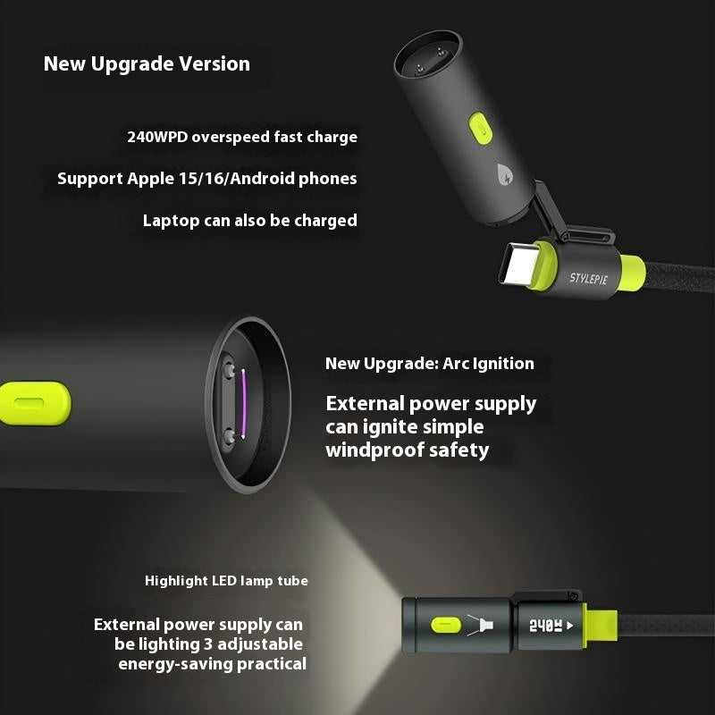 STYLEPIE 240W 4-in-1 USB-C Survival Charging Cable – Fast Charge + Arc Igniter + LED Light – Nylon Braided for iPhone 15/16, Samsung, MacBook
