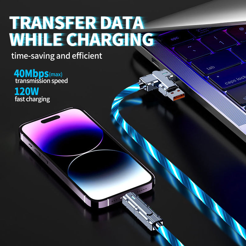 Mokongfu 120W 4-in-1 LED Charging Cable – 120W Fast Charge, USB-A/C, EVA Case Included（Blue and Green light）